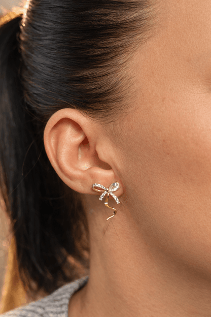 Apzeltītas nagliņas ar bantīti un cirkonijiem - 18k - apzeltita - rotas