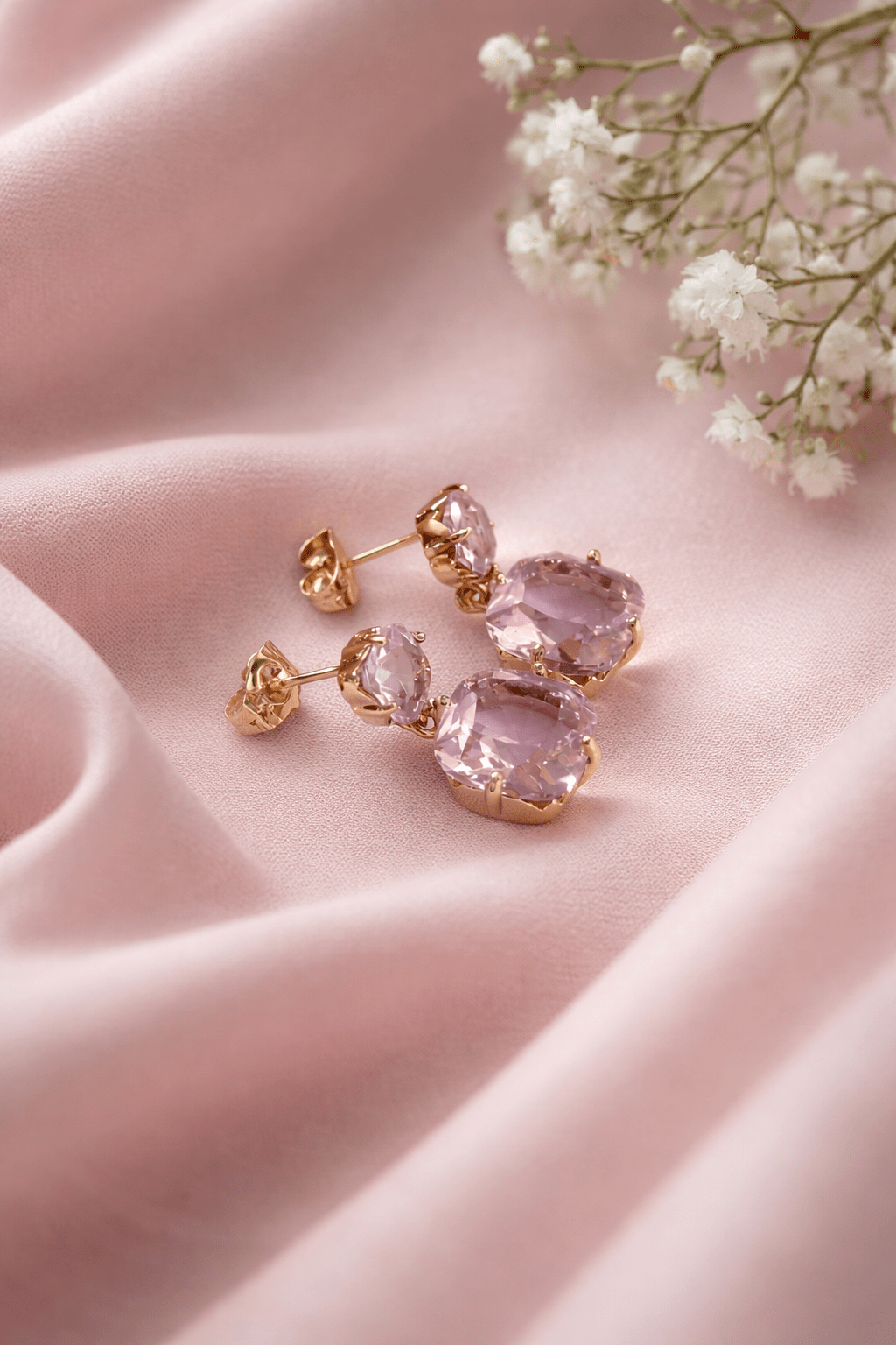 Apzeltītas nokarenas nagliņas ar diviem rozā kristāliem - 18k - apzeltita - rotas