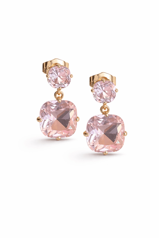 Apzeltītas nokarenas nagliņas ar diviem rozā kristāliem - 18k - apzeltita - rotas