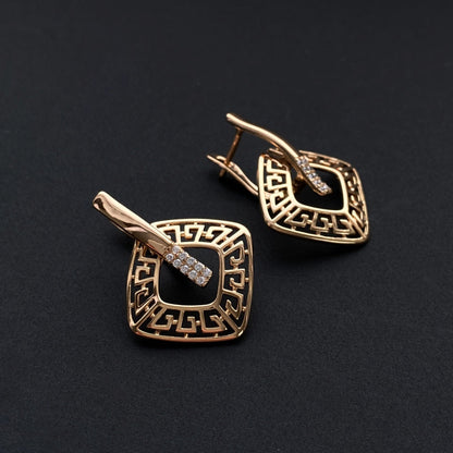 Apzeltīti auskari ar grieķu rakstu un kristāliem - 18k - apzeltita - rotas