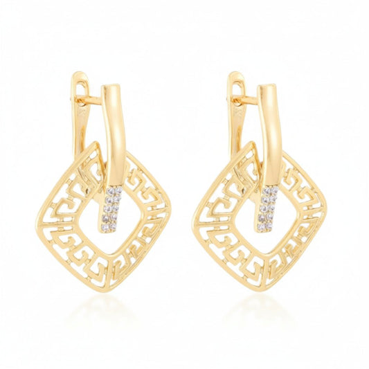 Apzeltīti auskari ar grieķu rakstu un kristāliem - 18k - apzeltita - rotas