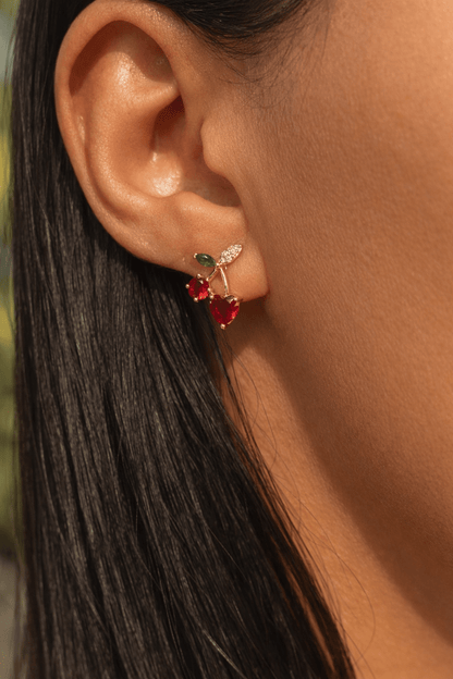 Apzeltīti auskari ar ķiršiem un cirkonijiem - 18k - apzeltita - rotas