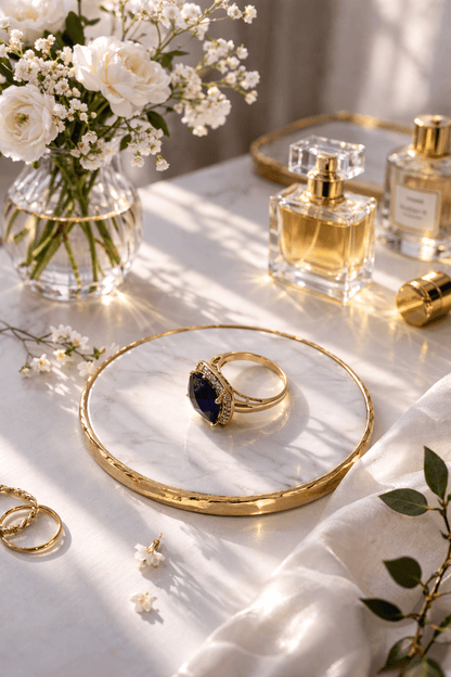 Apzeltīts gredzens ar lielu zilu kristālu - 18k - apzeltita - rotas