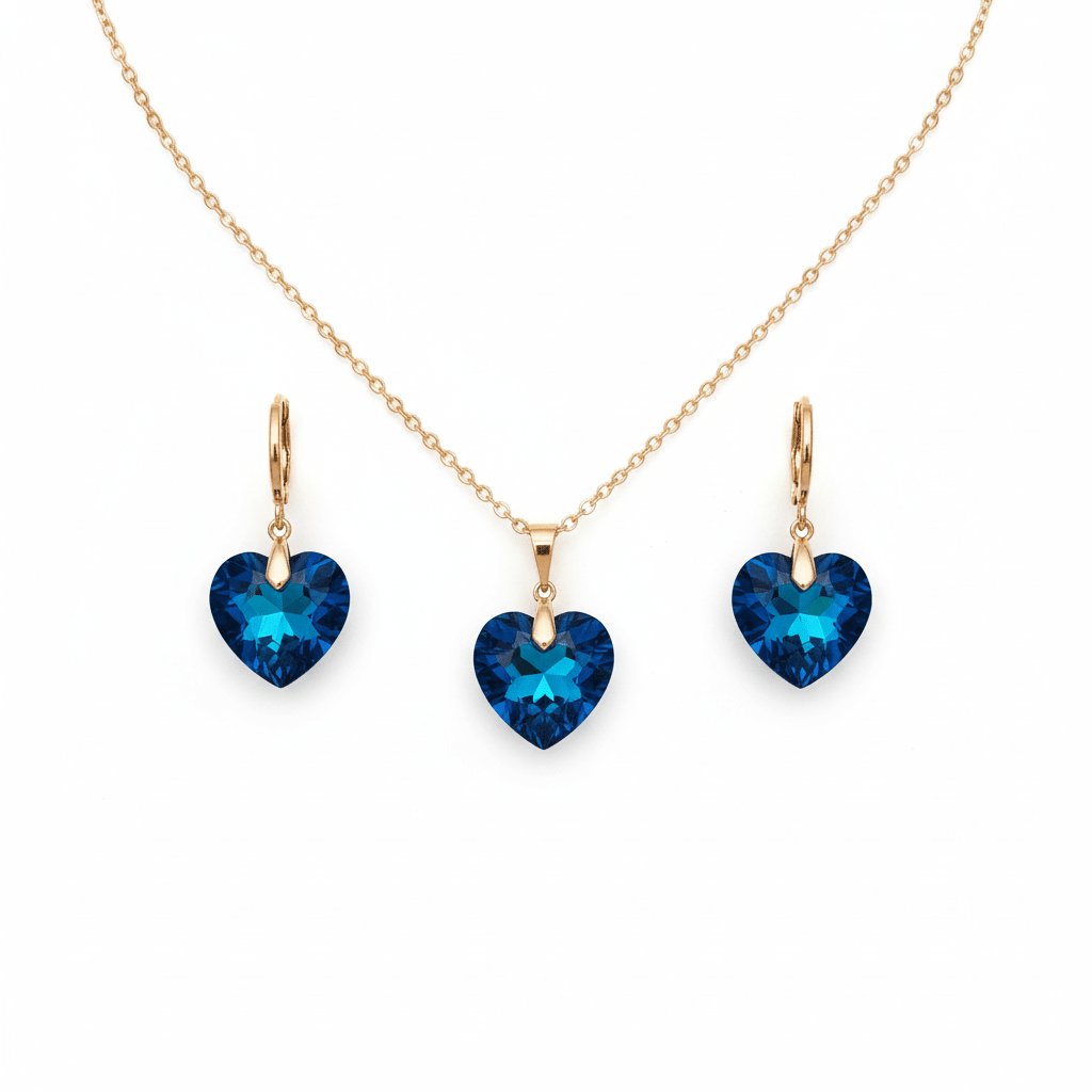 Apzeltīts komplekts ar zilām kristāla sirsniņām - kaklarota un auskari - 18k - apzeltita - rotas
