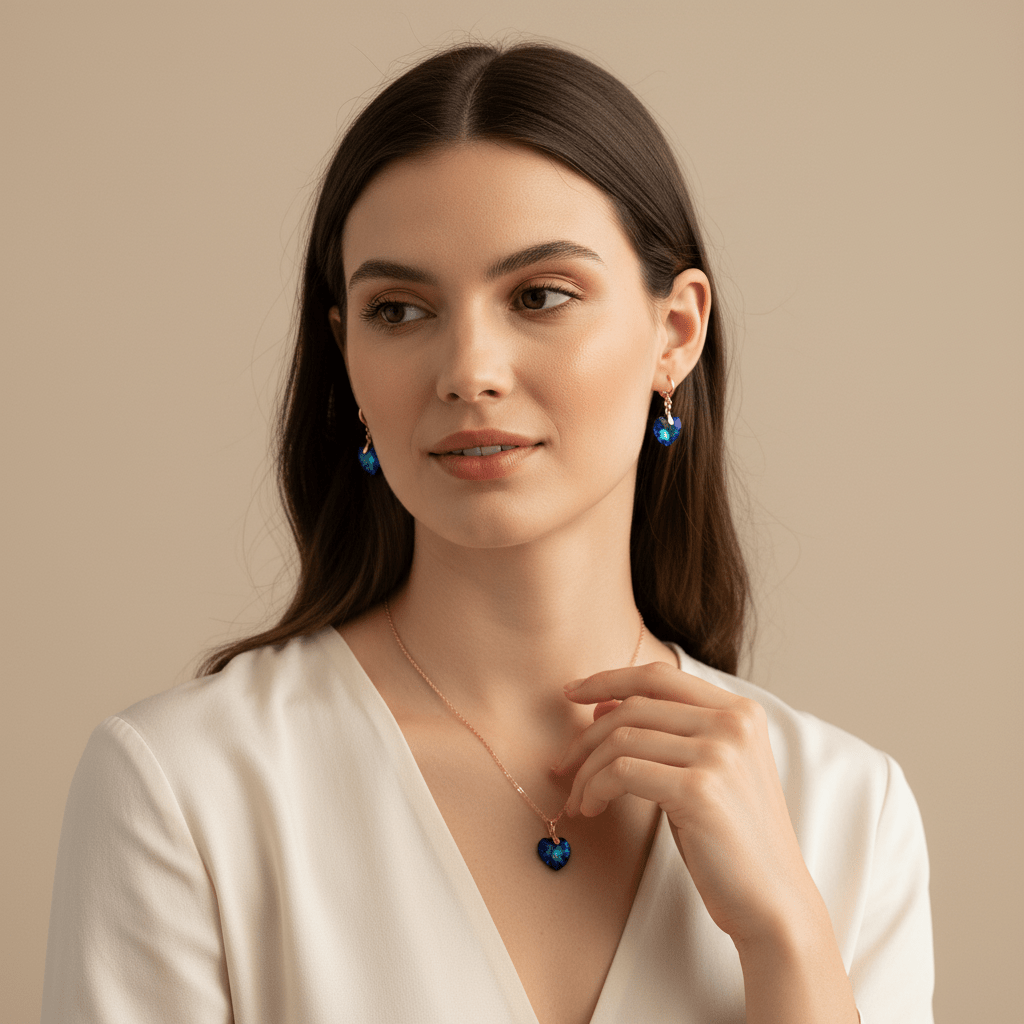 Apzeltīts komplekts ar zilām kristāla sirsniņām - kaklarota un auskari - 18k - apzeltita - rotas