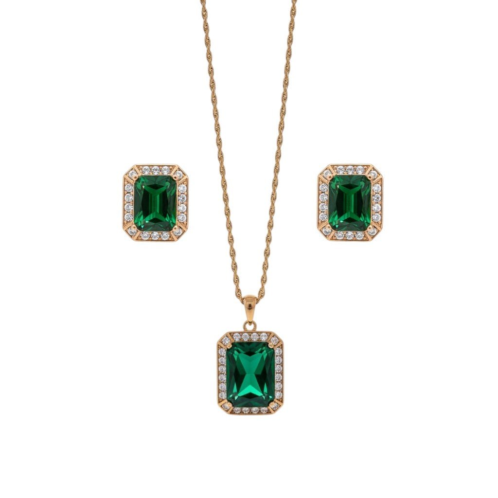 Emerald Luxe – apzeltīts rotu komplekts ar zaļiem kristāliem - 18k - apzeltita - rotas